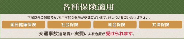 各種保険適用 国民健康保険、社会保険、組合保険、共済保険